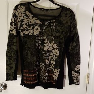 Top, black, cream floral designs, long sleeved SzM